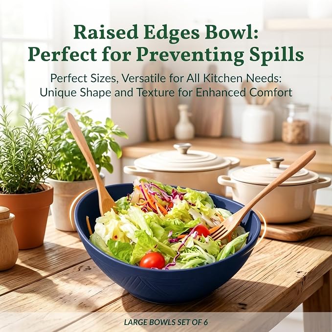 Wheat Straw Bowls, 9.6 inch Salad Bowls, Large Serving Dishes for Wedding Parties, Camping, 60 OZ Bowl Set for Salad, Popcorn, Oval Shape, Microwave & Dishwasher Safe, Set of 4, Dark Blue