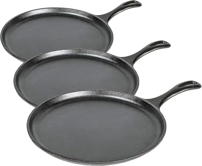 Lodge Round Seasoned Cast Iron Griddle 10.5 Inches - Round-Shaped, Pre-Seasoned Iron Griddle Pan - Non-Toxic, PFAS-Free Cookware - Compatible with Stovetop, Oven, Grill, or Campfire (Pack of 3)