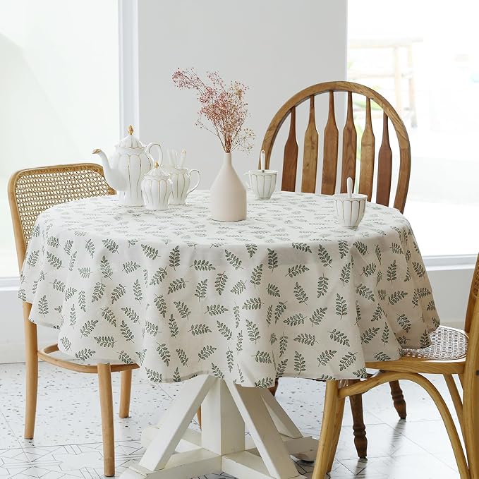 Pastoral Round Tablecloth - 60 Inch Dia. Table Cloth - Washable Table Cover with Dust-Proof Wrinkle Resistant for Restaurant, Picnic, Bistro, Indoor and Outdoor Dining, Green Leaf