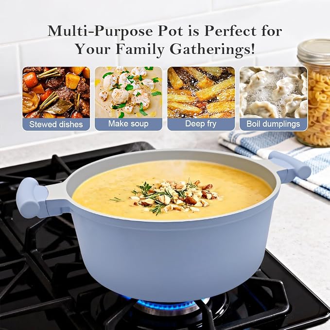AIKENBBKK 7 Quart Stock Pot with Lid, Non Stick Cooking Pot, Ceramic Soup Pot Nonstick, Induction Cookware for Pasta,Soup,Spaghetti, Stay-Cool Handle, Suitable for All Stoves, PFAS-Free, Blue