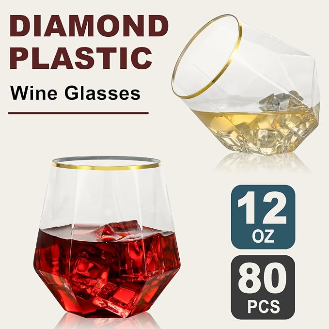 Goodluck 80PCS 12oz Diamond Stemless Plastic Wine Whiskey Glasses,Gold Rim | Disposable Cocktail Glasses, Suitable for Weddings, Birthday Parties, Family Gatherings, Bars, etc