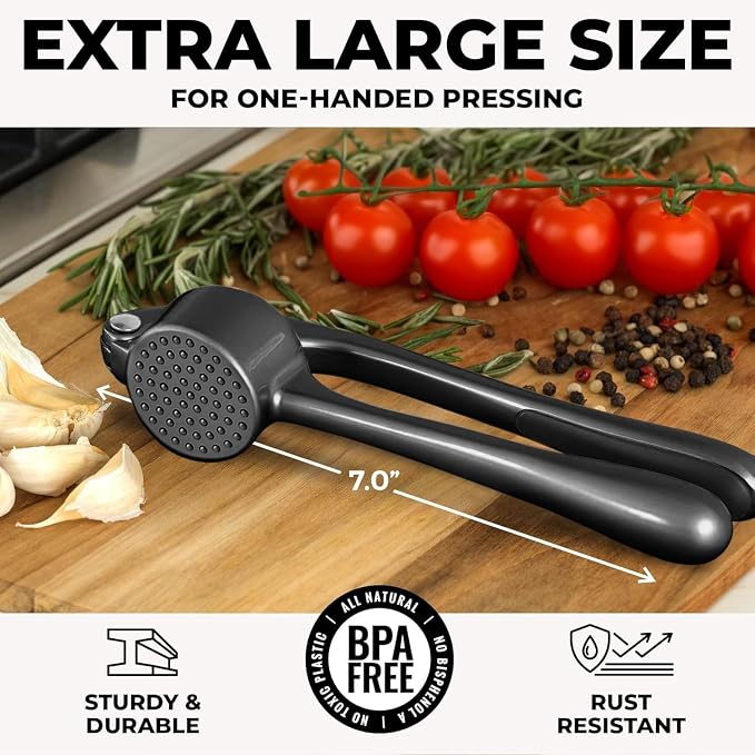 Zulay Kitchen Large Premium Garlic Press Set - Bigger Bowl for Bigger Garlic - Rust Proof Garlic Mincer Tool - Easy-Squeeze, Easy-Clean Silicone Garlic Peeler & Brush (Dark Gray)