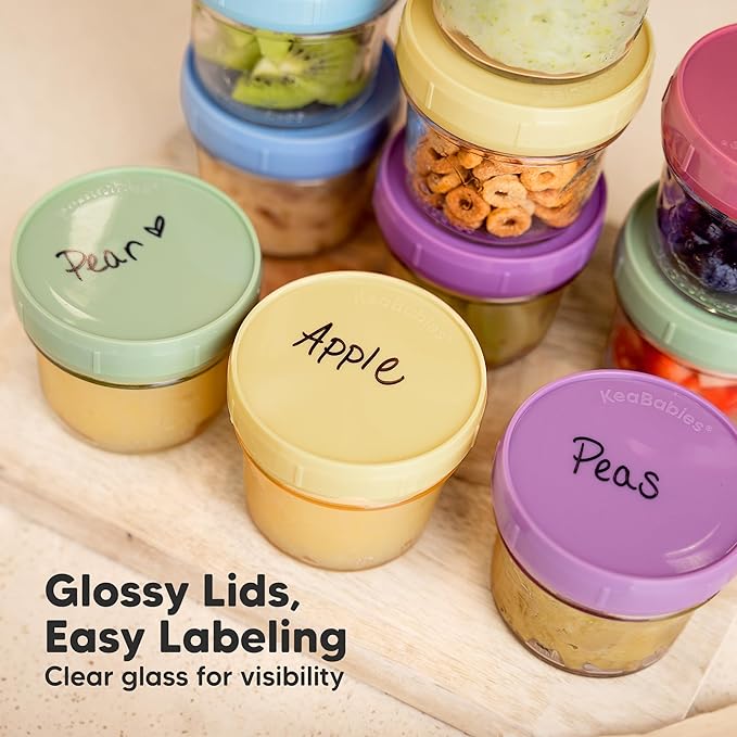 KeaBabies 12pk 4oz Glass Baby Food Containers with Lids, Leak-Proof (Nord) | Microwavable Small Glass Jars, Baby Purees, Toddler Snack Storage Containers, BPA-Free, Dishwasher-safe, Freezer Safe