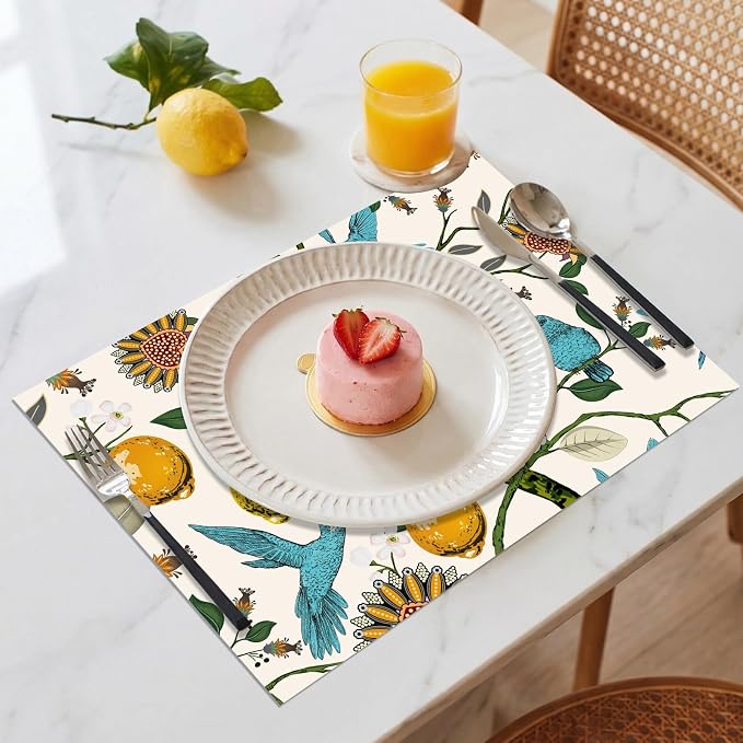 50 Pack Vintage Lemon Disposable Paper Placemats 11 x 16 Inches | Hummingbird Floral, Dinner Table Setting, Wedding Birthday Party Supplies