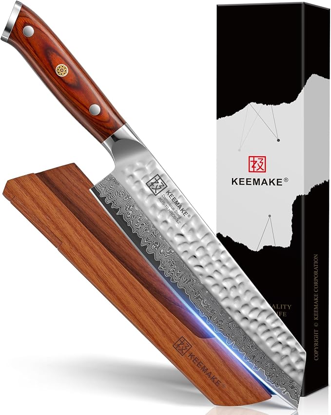 8" Damascus Chef Knife, VG10 Japanese Knife with Ash Sheath | Ultra Sharp 10° Edge Kiritsuke Kitchen Knife, 67 Layers Hand Forged Hammered Cooking Knife for Meat, Vegetable, Fruit, BBQ