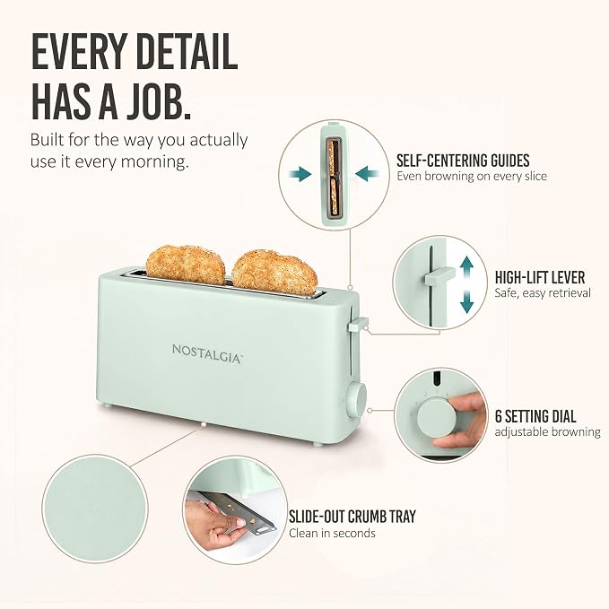 Nostalgia Slim 2-Slice Toaster – Wide Slot – Space-Saving Design – Adjustable Browning Dial – 10-inch Long Slot Fits 2 Slices of Bread or Bagel Halves – Drop-down Crumb Tray – Sage