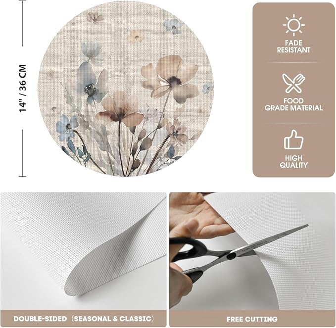 Artoid Mode Brown Poppy Floral Round Placemats Set of 4, 14 Inch Washable Non-Slip Plastic Woven Plastic PVC Place Mats for Farmhouse Party Dining Decor