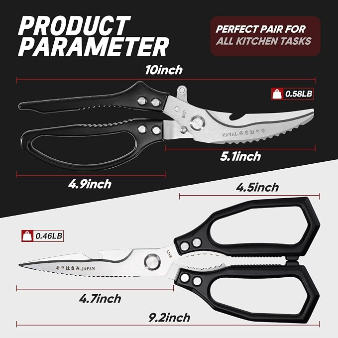 TIVOLI Black Kitchen Shears Set for Meat, Chicken & Turkey Boning | Japanese SK5 High-carbon Stainless Steel, Ergonomic Non-Slip Handle, Gift Box, for Meat, Chicken Bones and Turkey