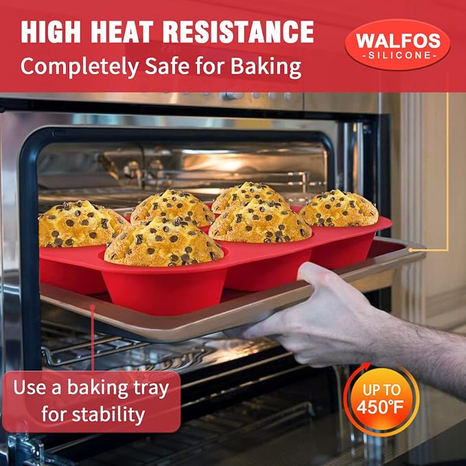 Walfos Silicone Texas Muffin Pan - 6 Cup Jumbo Silicone Cupcake Pan, Non-Stick, Just Release! Perfect for Egg Muffin, Big Cupcake - BPA Free and Dishwasher Safe