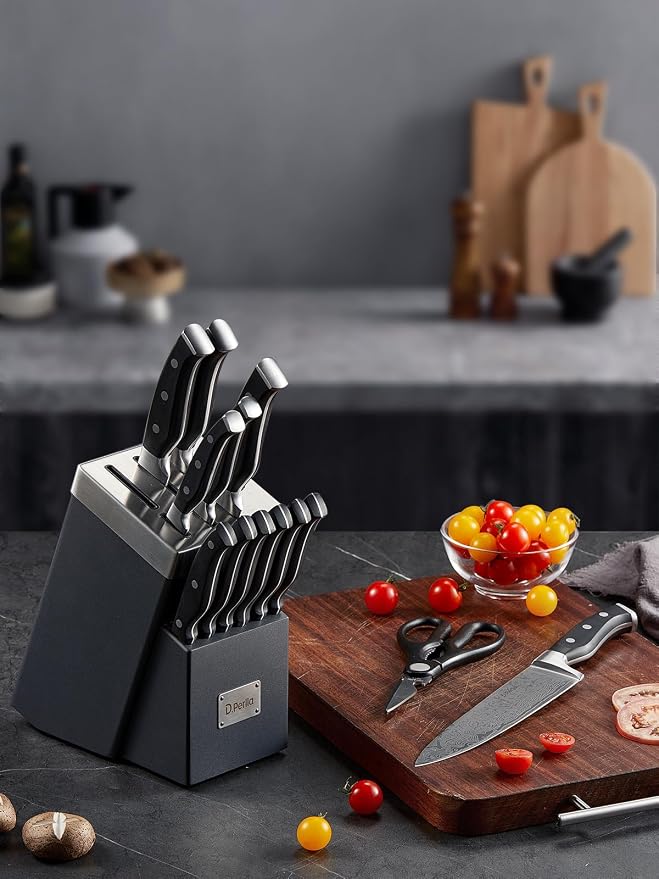 Knife Set, D.Perlla Kitchen Knife Set with Advanced Self-Sharpening Technology, 14 Piece Waved Texture Knife Set with Block, High Carbon Stainless Steel Knife Block Set, Razor-Sharp, Full Tang Handle