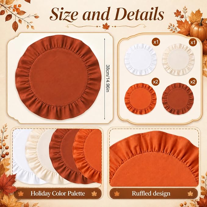 Set of 6 Fall Placemats Orange Round Ruffled Table Placemats 15 Inch Fabric Vintage Farmhouse Boho Rustic Circle Mat for Fall Thanksgiving Harvest Halloween Party Supplies Table Decorations