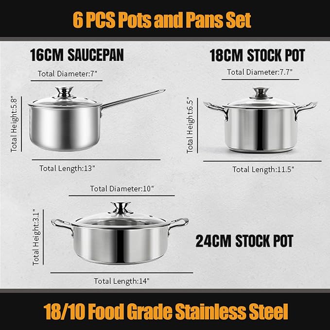 Stainless Steel pots and pans set, 6 PCS Nonstick Induction Cookware Set | Works with Induction/Electric and Gas Cooktops, Dishwasher Safe