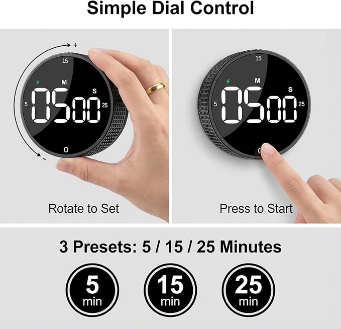 Rechargeable USB-C Digital Kitchen Timer - Magnetic Countdown Countup Visual Pomodoro Timer with Large LED Display, 3-Preset Times, 3 Volume Levels, Ideal for Cooking, Baking and Study
