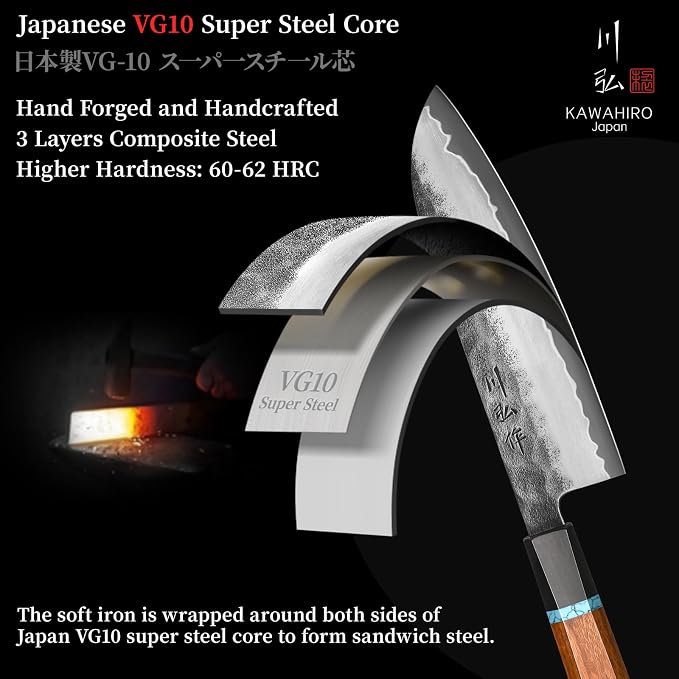 7 Inch Japanese Santoku Knife, Hand Forged VG10 Chef Knife | 3-Layer Steel, Ultra Sharp Lightweight for Effortless Meat & Vegetable Prep, Octagonal Handle, Kurouchi Finish, Wood Gift Box