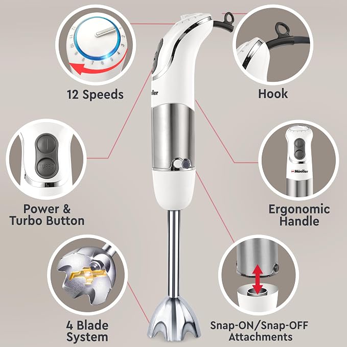 Mueller Multistick 5-in-1 Immersion Blender Handheld, 12-Speed Hand Mixer | Turbo Boost, Heaviest Duty Copper Motor, Titanium Blades Hand Blender, Milk Frother Wand, Whisk, Beaker, Chopper, White