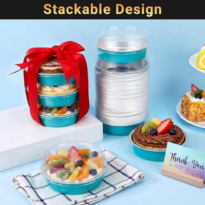 Beasea Disposable Mini Pie Tins with Lids, 20 Pack 7.3oz Blue Green Aluminum Baking Cups, 215ml Small Round Tart Container Foil Pie Tin for Individual Dessert Cupcake Muffin Cheesecake Quiche