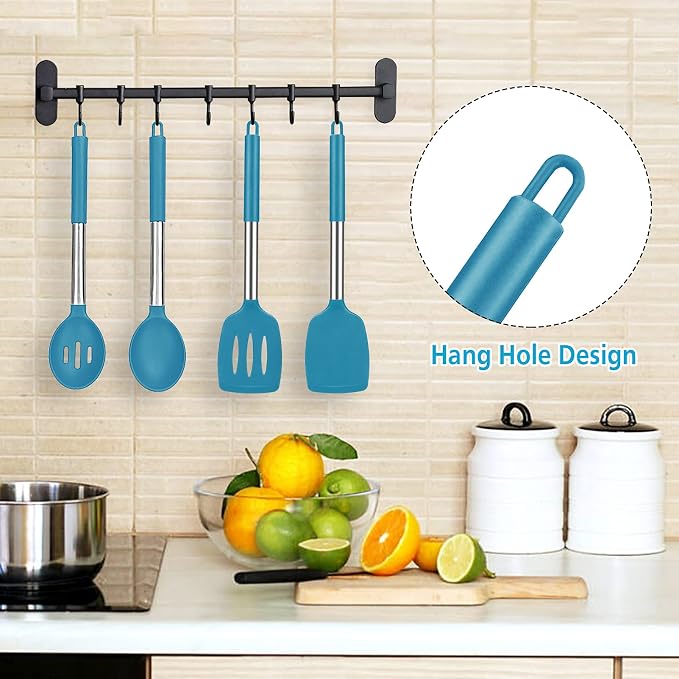 Large Silicone Cooking Spatulas and Spoons, BPA Free, 4 Pack (Blue) | Slotted & Solid Stainless Steel Cooking Utensils Set, Non-stick Heat Resistant Kitchen for Baking, Fried, Stir-Fry, Serving