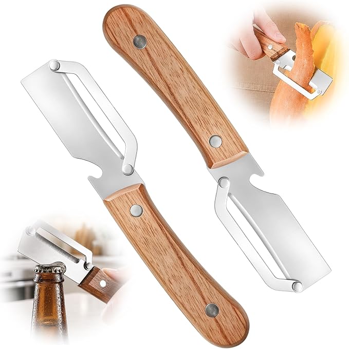 2 Pack Multifunctional Vegetable Peeler with Wooden Handle & Bottle Opener Multi Functional Stainless Steel Peeler for Kitchen, Peeler for Fruit, Potato, Carrot, Pumpkin, Apple Peeling