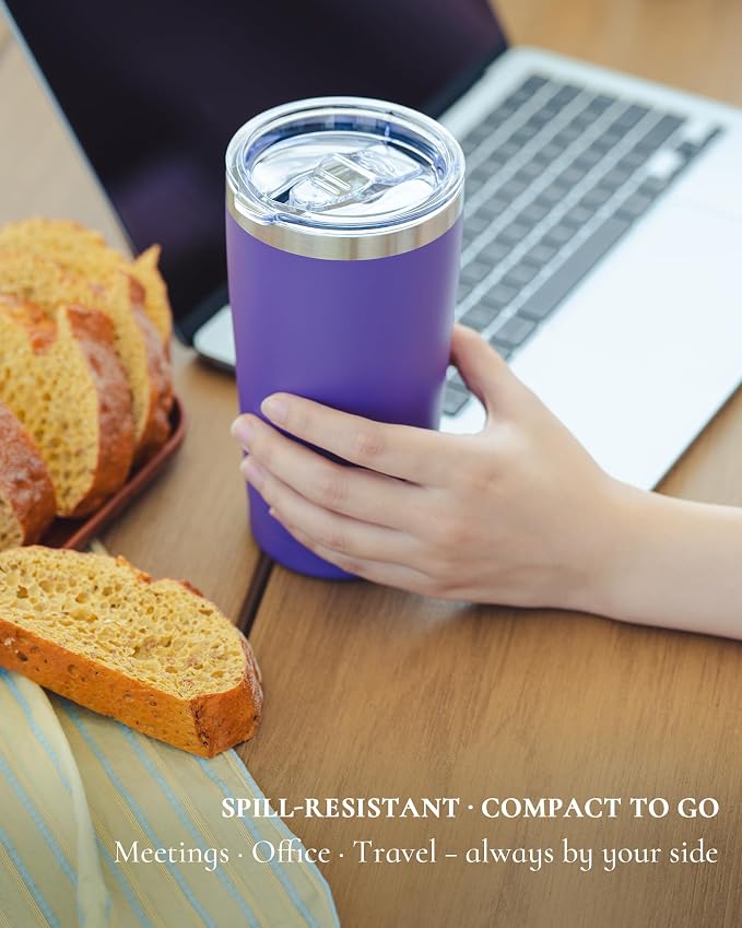 20oz Travel Coffee Tumbler with 2 Lids and Straw, Stainless Steel | Double Wall Vacuum Insulated Tumbler, Coffee Mug for Hot & Cold Drinks, Fits Most Car Cup Holders, Purple