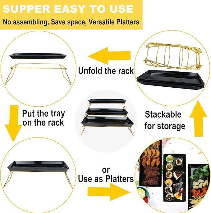 ECOIOU Extra Large 3 Tier Serving Tray, 24 x22 x 9.8 Inch | Melamine Tiered Tray Stand and Platters for Party Buffet Entertaining, Black and Gold