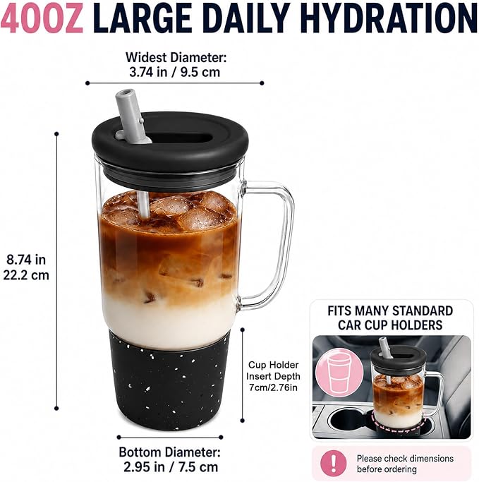 40oz Glass Tumbler with Flip Straw Lid, Handle, Silicone Sleeve, Black | Leakproof Lid, Fits Car Cup Holder Glass for Iced Coffee, Water, Cold Drinks, Travel, Outdoor, Partys&Home