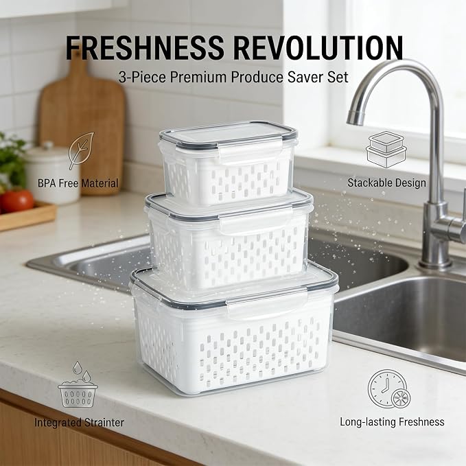 Food Storage Containers for Fridge with Removable Colander,Leakproof Food Storage Containers,Dishwasher Safe Produce Saver, Keep Berry Fruit Fresh Longer (3300ml*1)