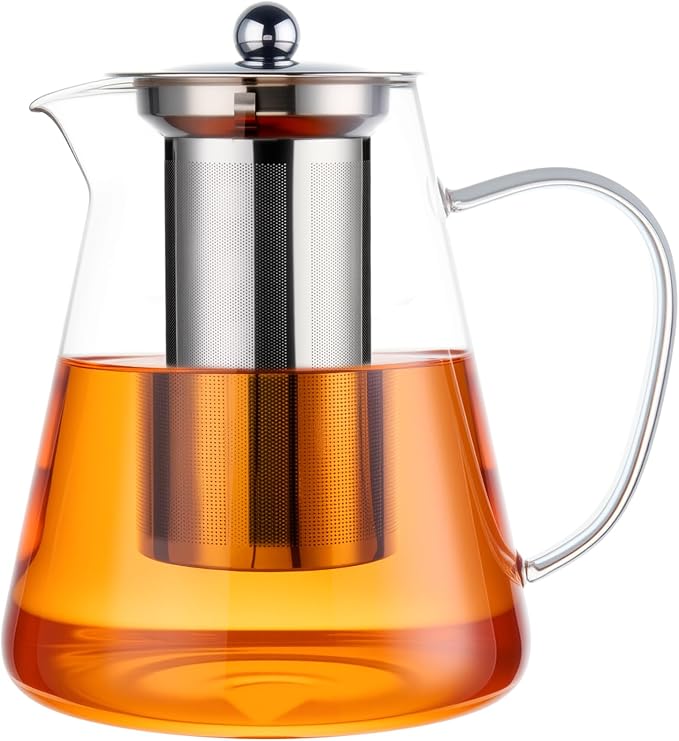 Baalaka Teapot with Infuser, 44 oz Borosilicate Glass Kettle, Stovetop | Removable 18/8 stainless steel strainer filters loose leaf, fruit and herbal blends; wide mouth and angled spout ease use