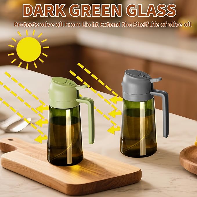 SWEET VIEW 2PCS Olive Oil Dispenser and Oil Sprayer | 16oz/470ml Glass Light-Proof Oil Pourer for Kitchen Air Fryer, Cooking, Salad, and BBQ, with Stickers
