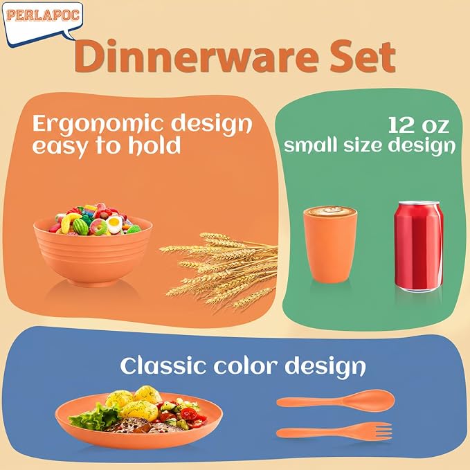 Kids Wheat Straw Dinnerware Sets for 4, 20 Piece Unbreakable Dinnerware Set, Plates and Bowls Sets, Kitchen Plates and Bowls Set, Lightweight Dish Set for Picnic, Camping, and Daily - Orange