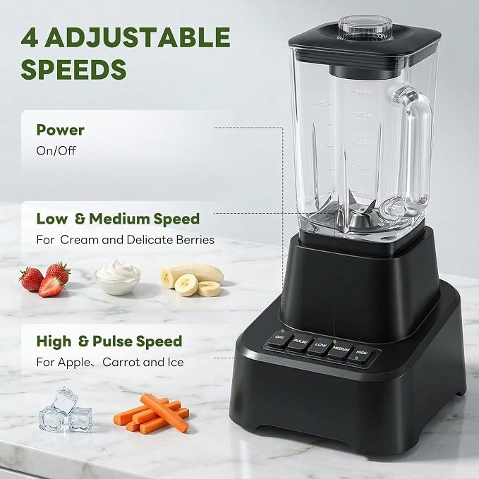 OLIXIS Professional Blender for Smoothies, Full-Size Kitchen Blender with 850 Peak Watts & 54oz Large Glass Pitcher, 4 Speeds with Pulse for Ice Crushing Frozen Fruits, Dishwasher Safe, Black