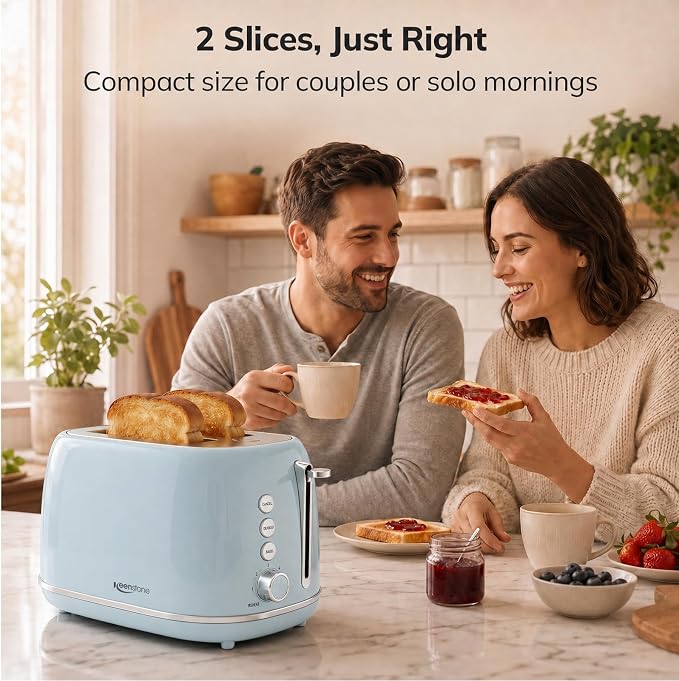 Retro 2 Slice Stainless Steel Toaster with 6 Bread Shade Settings, Bagel, Cancel, Defrost Function, Extra Wide Slot, Removable Crumb Tray, Blue
