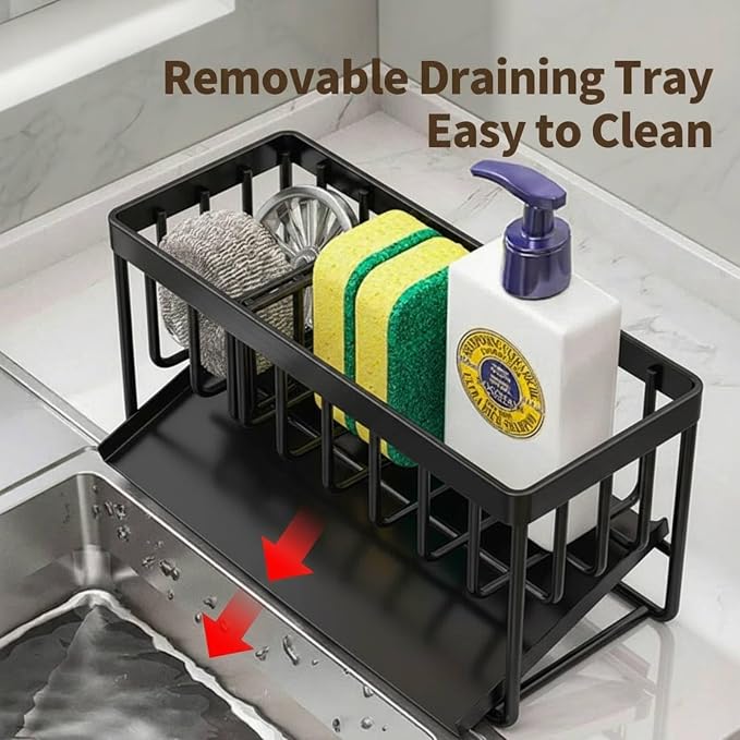 18/8 Stainless Steel Sink Caddy Sponge Holder for Kitchen | Self Drain Tray, Soap holder with Divider (Black)