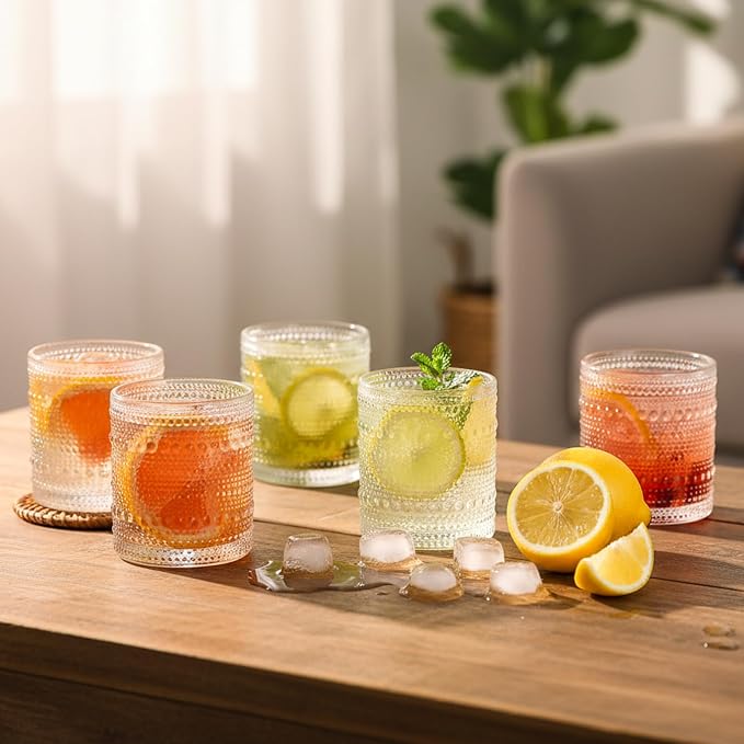 Moretoes Cocktail Glasses10 OZ Hobnail Drinking Glasses Set of 6 | Vintage Whiskey Glassware, Textured Glass Cups Bubble Glasses Water Glasses Old Fashion Jupiter Glasses Set (Clear)