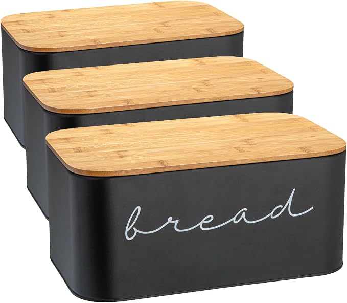 Bloomingville Metal bread Bin with Bamboo Lid, Black (Pack of 3)