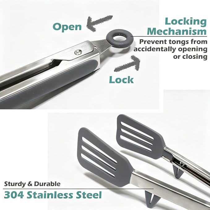 12" Kitchen Tongs for cooking with Silicone Tips, 3Pcs Serving Tongs, Grey | Small Silicone Tongs mit kickstand, Food Grade, 3 different type of tongs, Stainless Steel