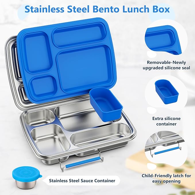 Stainless Steel Bento Lunch Box for Kids & Adults, 4 Compartment Kids Lunch Box, Metal Bento Box with Silicone Container and Stainless Steel Sauce Container,BPA-Free,School,Office(Blue)