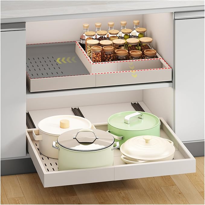 Fokyfok Pull out Cabinet Organizer,16"-21"W,13"-17"D,Expandable,Adhesive | No Drill,3 Rails,Adjustable Slide out Drawers for Kitchen,Pantry,Roll out Shelves,for Cabinets Without Lip,Bathroom,White,1PC