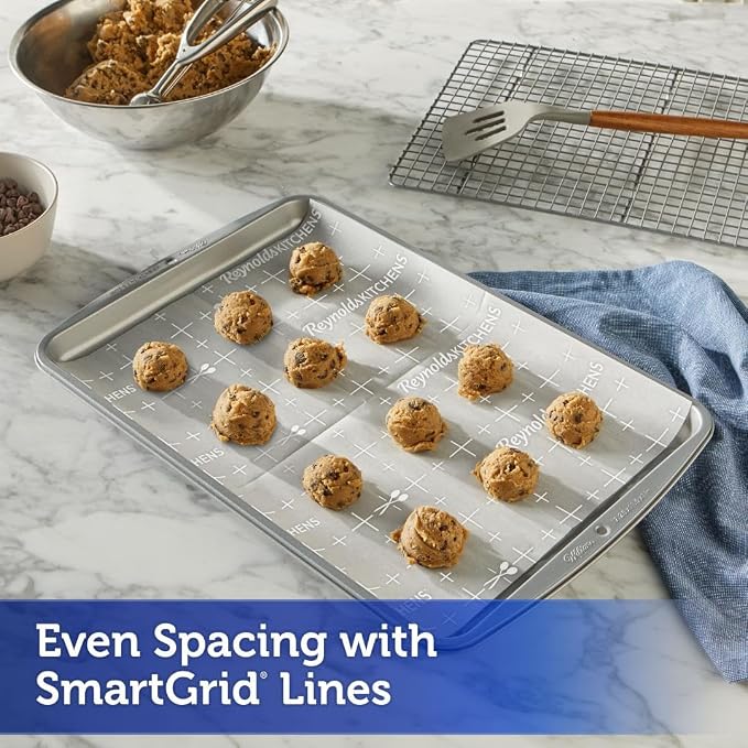 Reynolds Kitchens Pre-Cut Parchment Paper Cookie Baking Sheets, 22ct | 12 x 16 in, Fits Standard Size Cookie Sheets, Nonstick, Reusable Up To 3X, SmartGrid Lines, Oven Safe To 425F, Easy Cleanup