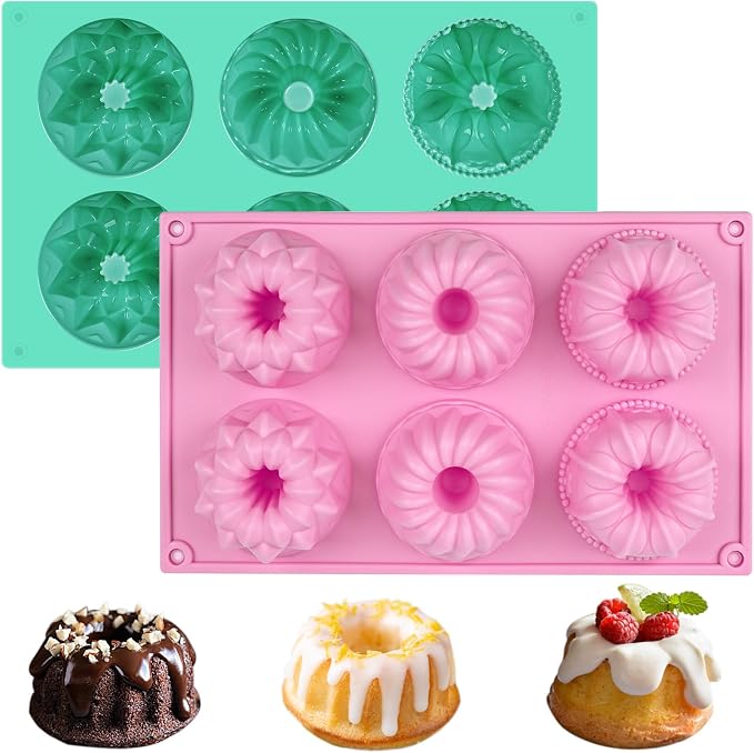 HUAKENER 2 Pcs Mini Fluted Cake Pan, 6-Cavity Fluted Tube Cake Pan | Non-stick Silicone Baking Mold for Cupcakes, Donuts, Cornbread, Brownies, Jellies (BPA-Free)