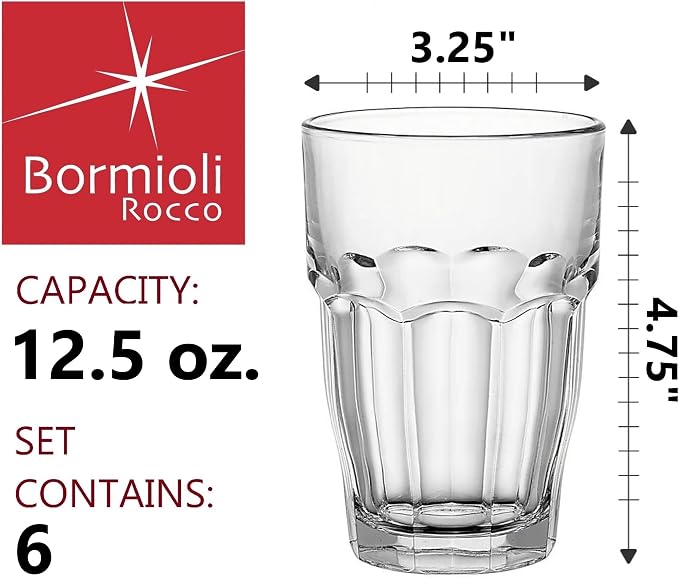 Bormioli Rocco Rock Bar Stackable Beverage, Set Of 6 Dishwasher Safe Drinking Glasses For Soda, Juice, Milk, Coke, Beer, Spirits – 12.5oz Durable Tempered Glass Water Tumblers For Daily Use