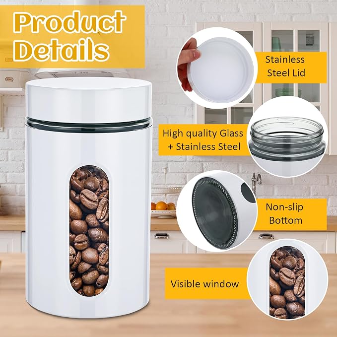 6 Pack Kitchen Canisters Set Airtight Coffee Sugar Tea Storage Jars with Window Glass Stainless Steel Containers with Lids for Flour Cookies Spices Grains Kitchen Decorations(White,32 oz)