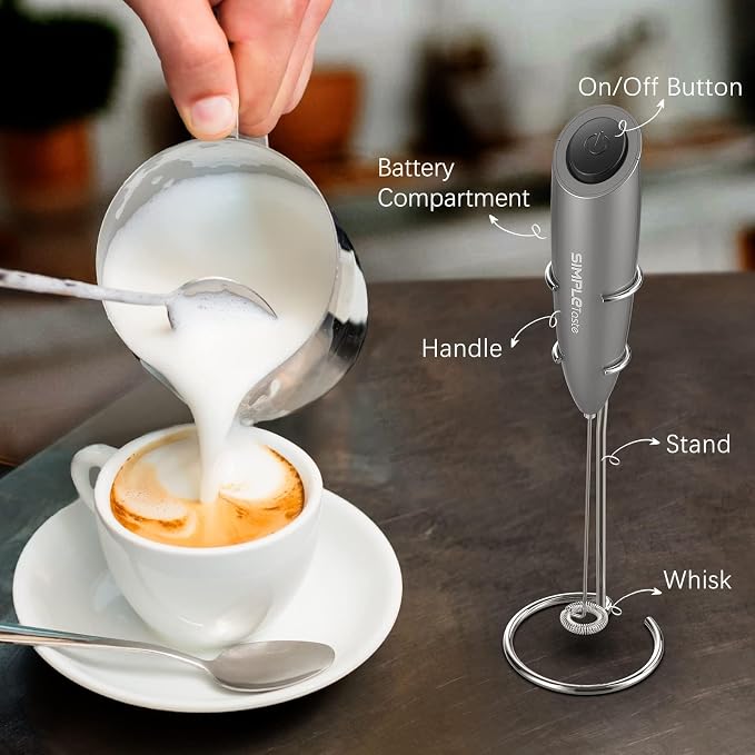 SIMPLETASTE Milk Frother Handheld Electric Foam Maker Battery Operated | Drink Mixer with Stainless Steel Whisk for Cappuccino, Bulletproof Coffee, Latte, Gray, with Stand