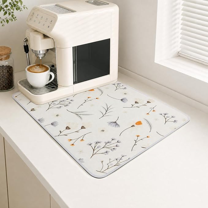 Coffee Mat Dish Drying,Non-Slip Easy Clean Sink Mat,Heat-resistant ,Fit Under Coffee Maker, Espresso Machine, Pot, Dish Rack (White petals, 16"x20")