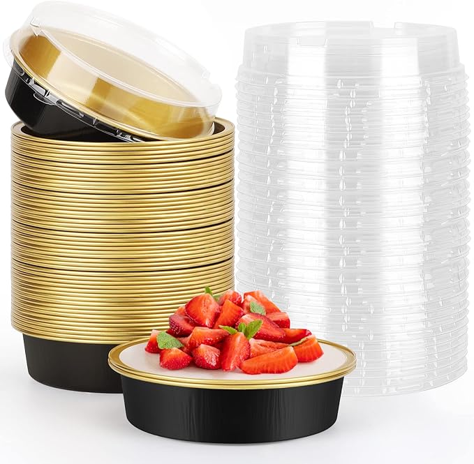 Beasea Aluminum Cupcake Pans With Lids, 4 Inch 50 Pack Disposable Pie Pans For Cake, 8 Oz Aluminum Pie Pan Tin Black Golden Tart Pans Round Oven Baking Mini Cake Pan For Pie Tart Quiche