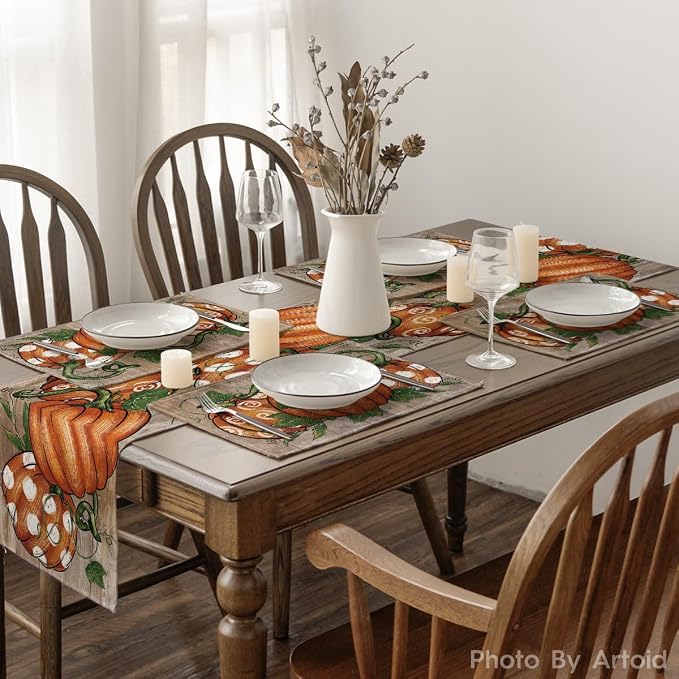 Artoid Mode Wood Polka Dot Pumpkins Fall Placemats Set of 6-12 x 18 Inch | Heat-Resistant Table Mats, Washable Seasonal Autumn Kitchen Dining Decor