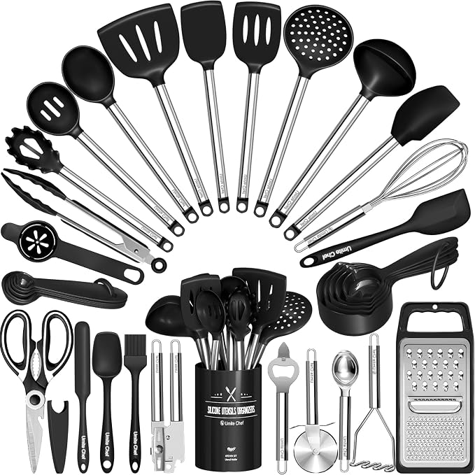 Umite Chef Thickened Kitchen Utensils Set- Silicone Cooking Utensils Set for Nonstick Cookware-Silicone Spatulas Set, Heavy Duty Stainless Steel Handle-Black Kitchen Gadgets Tools Set