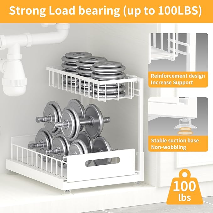 L-Shaped Under Sink Organizer, 2-Tier Pull-out Cabinet Rack 1-Pack | White Height-Adjustable Steel Rack, Sliding Grid Drawers with PP Liners, Holds 100 Lbs, Suction Base, Ideal Kitchen Storage