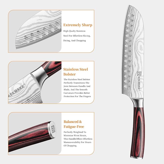 7" Santoku Knife, Razor Sharp Chef Knife with Ergonomic Handle | Japanese High Carbon Stainless Steel, 12° Bevel Angle, Professional Cooking Gadgets with Gift Box for Men and Women