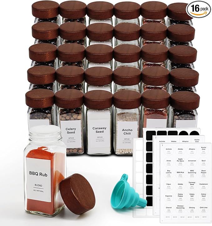 30 Pack 4 oz Glass Spice Jars with Shaker Lids& Labels Glass Bottles | Square Empty Mason Acacia Wood White Labels Kitchen Cabinet Drawer Organizer Seasoning Containers Collapsible Funnel Brush