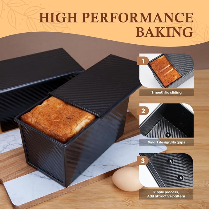 CARTMAN 2-Pack 1 LB Pullman Loaf Pan with Lid, Carbon Steel Set, Black | Includes spatula & brush, 1 lb dough capacity, nonstick carbon steel, bottom vents, ideal for square bread & toast slices